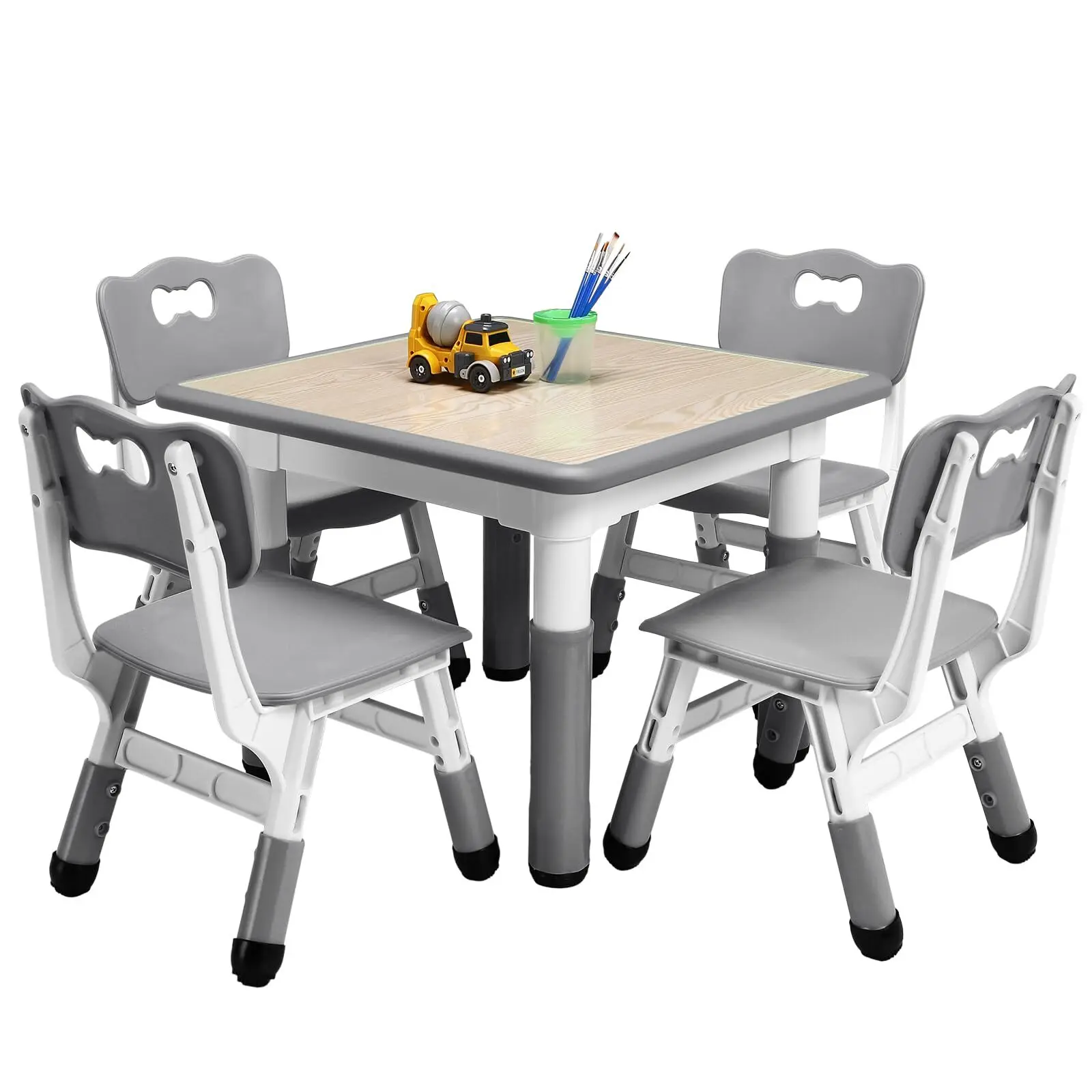 Kids Table and 4 Chairs Set Height Adjustable Toddler Table and Chair Set for Ages 2-10 Activity Table for Toddlers 5-Piece Childrens Table and Chair Set Boy & Girl Gift for Classrooms/Daycares/Home，Grey