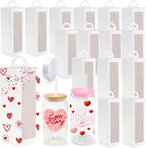 Joyclub 16 Pack Gift Boxes with Ribbon for 16oz and 20oz Glass Cups with Lids and Straws Sublimation Ribbon Graffitiable Gift Box for Mother's Day Bridesmaid Weddings DIY Decor