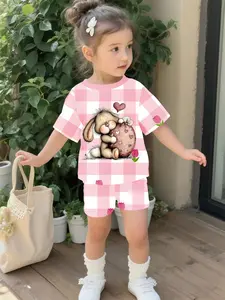 Pink Checkered Rabbit Baby Holding Egg Girl Infant and Toddler Set, Outfit, Digital Printing 100% Polyester Short-sleeve Set, baby girl's casual clothing, suitable for daily and outdoor sports T-shirts