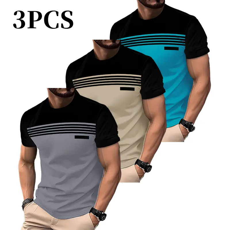 Men’s short-sleeve T-shirt — striped panel design, casual and minimalist, comfortable and versatile, suitable for summer wear.