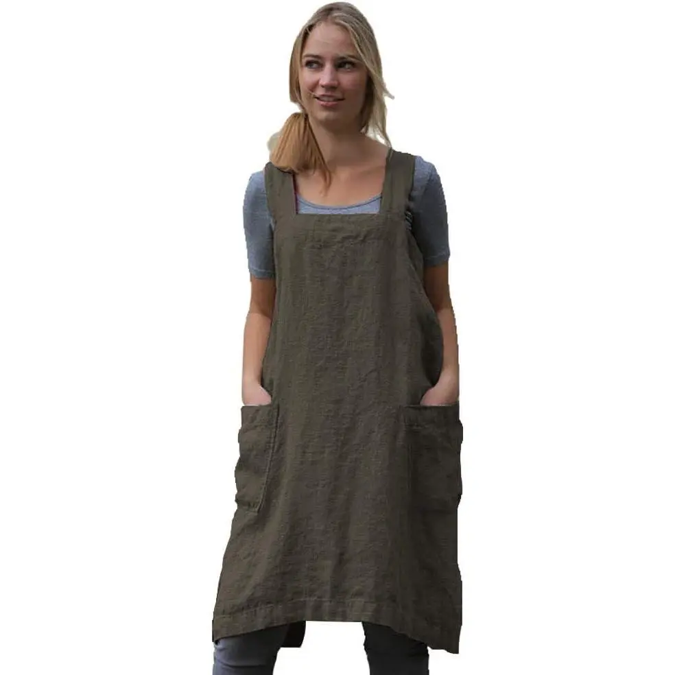Women's Minimalist Lightweight Cotton-Linen Blend Apron with 2 Pockets - Adjustable Square Pinafore Waist, Cross Back, All Seasons for Baking, Cooking - Ideal for Birthday, Engagement, Business Use (Aprons with Pockets)