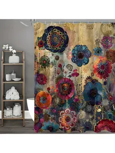 One Piece Of Retro Creative Mandala Green Plant And Flower Printed Waterproof Shower Curtain, Curtain With 12 Hooks Curtain For Windows Bathroom Decor, Polyester, Shower Curtains