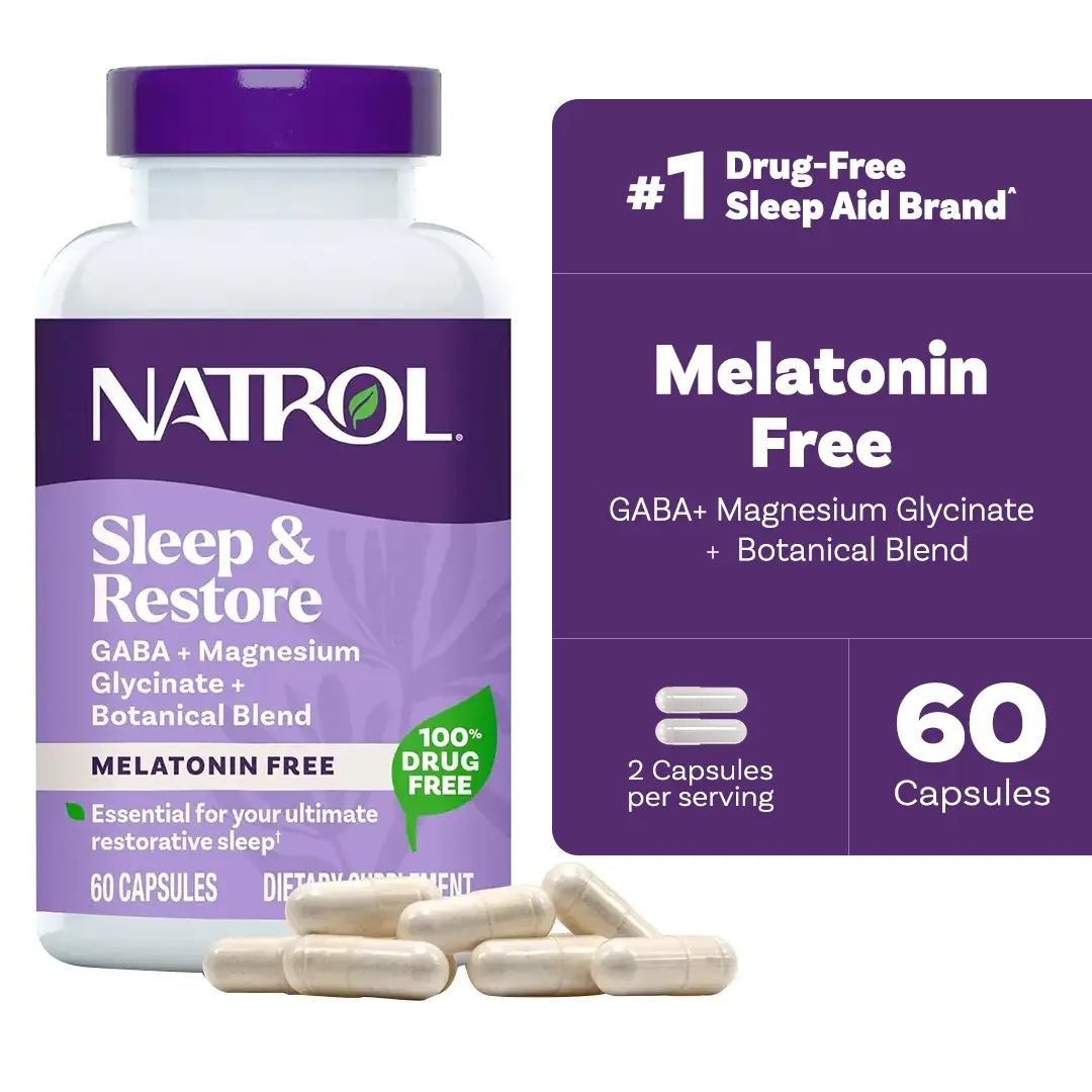 Natrol Sleep & Restore Dietary Supplement Capsules - 60 Count, 30-Day Supply, 100mg Magnesium Glycinate, 10mg B6, GABA, Muscle Support, Melatonin-Free Supplement Stack, Youth Nighttime Adult Restorative Self Care Aid, Vitamin, Self Care Products