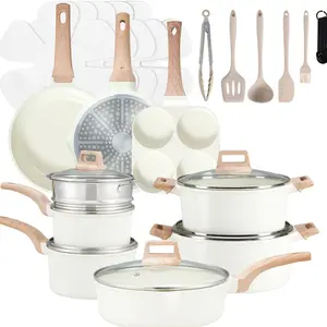 25 Piece Beige Non-Stick Ceramic Granite Cookware Set Induction Compatible Pots and Pans with Stay Cool Handles