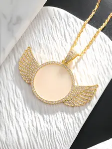 Memorial Round Wing Frame Mirror Pendant Necklace, Eco-Friendly Alloy Jewelry with Micro Zirconia, Casual Hip-Hop Style, Perfect Gift, High End Necklace