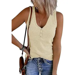 MEROKEETY Women's 2026 Summer Sleeveless Tank Tops V Neck Ribbed Dressy Casual Henley Shirts Button Loose Cami Tees