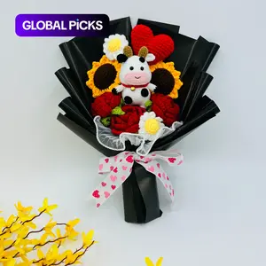 Crochet Sunflower & Cow Plush Bouquet, Woven Crochet Bouquet, Handmade Knitting Flower Bouquet, Decorative Flower for Home Party Wedding Anniversary Festival, Multicolor Knitted Ornaments #GLOBAL PICKS