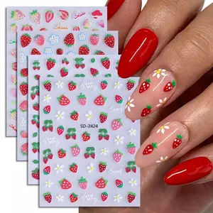 Strawberry & Flower Pattern Nail Art Sticker (4 Sheets), Self-adhesive Flower Nails Decal, DIY Nail Art Decoration for Women & Girls