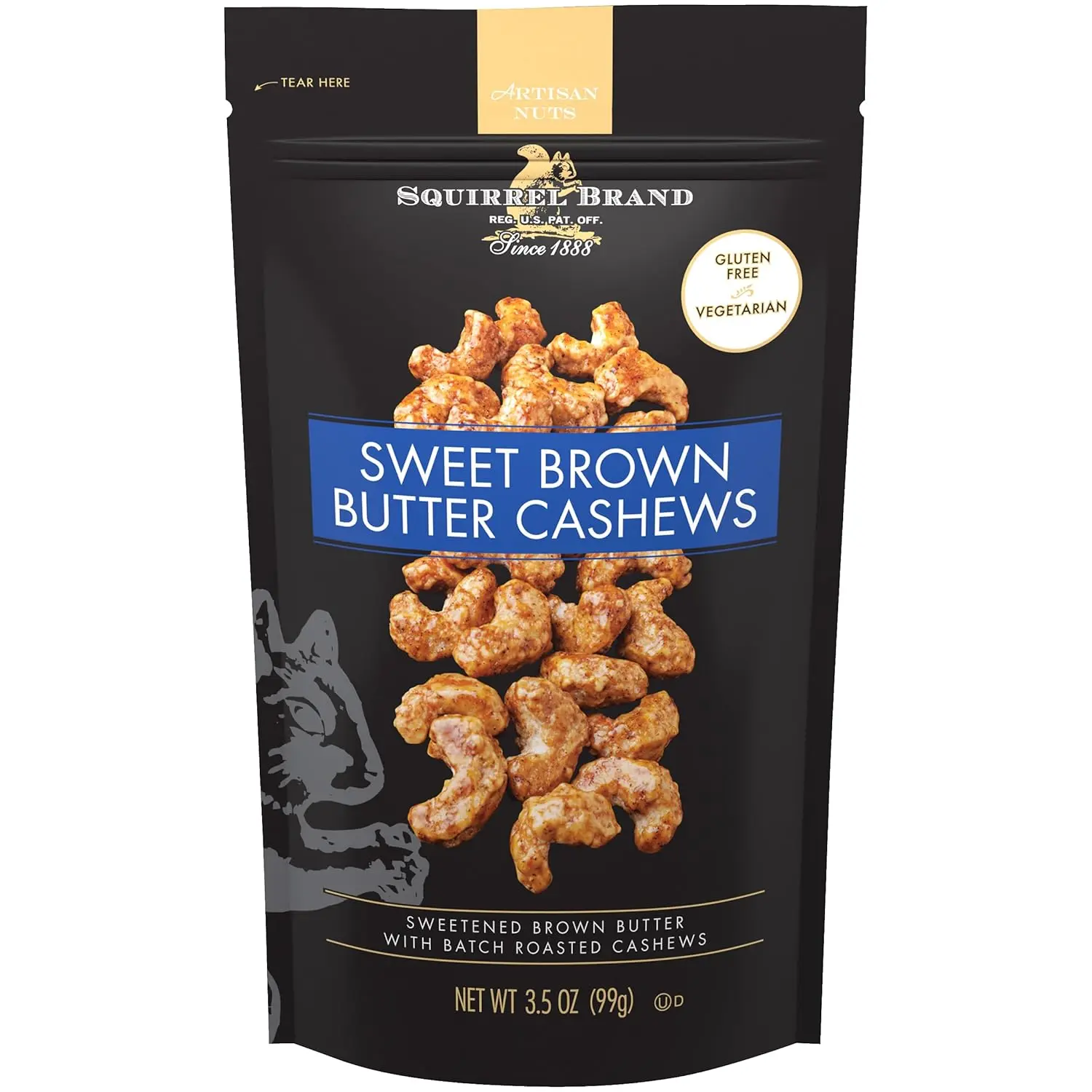 Squirrel Brand Sweet Brown Butter Cashews, 3.5 oz Resealable Bag | Gourmet Flavored Cashews Nuts, Gluten Free, Vegetarian