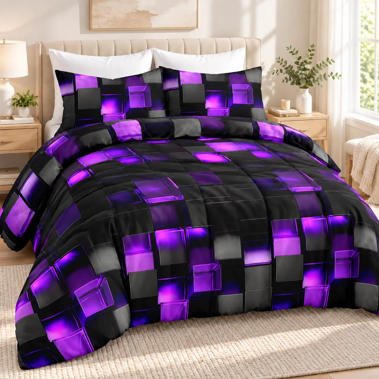 2/3-Piece Purple Black 3D Geometric Printed Bedding Comforter Set with Matching Pillowcases, Soft Lightweight All-Season Machine-Washable Bedding for Twin, Queen, King Sizes