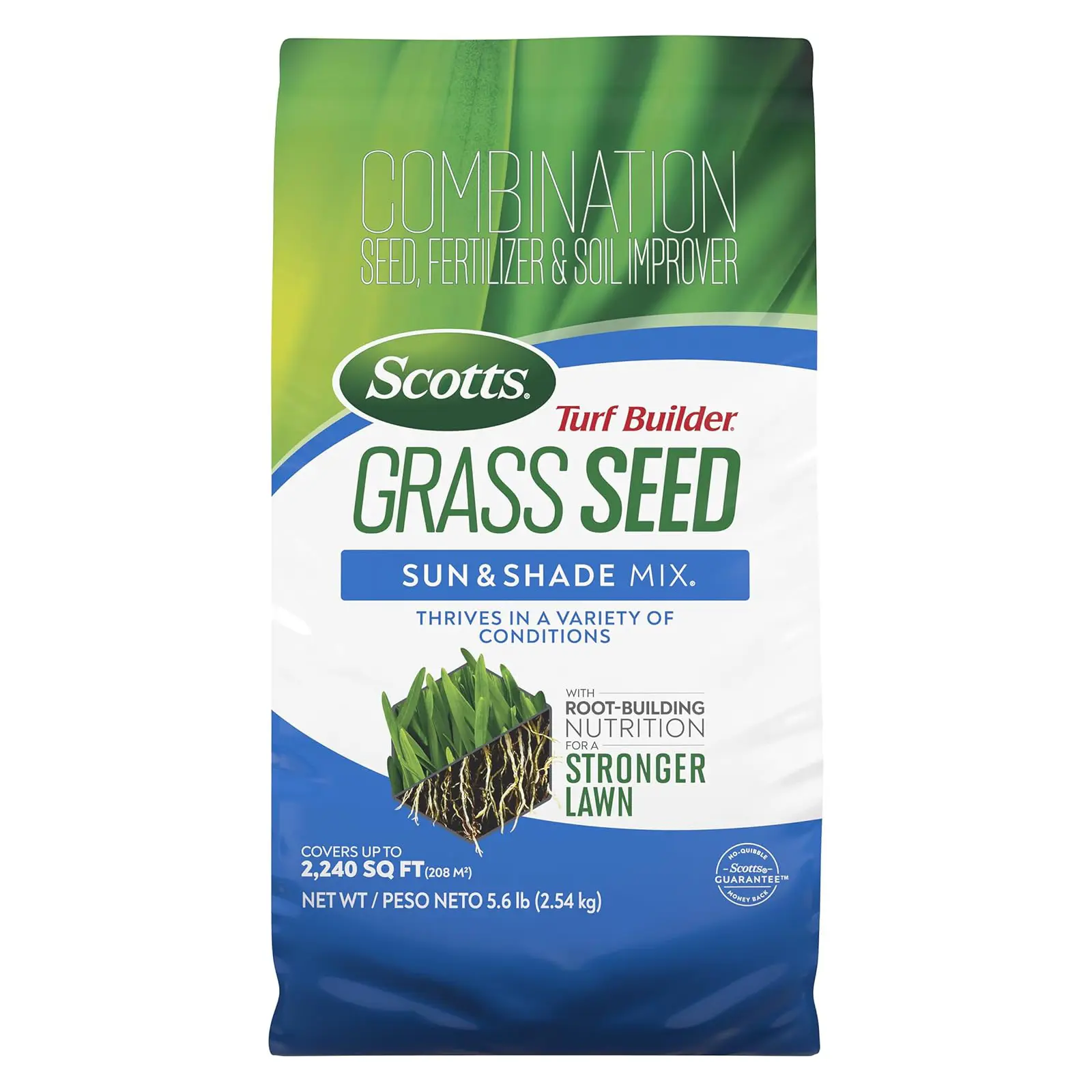 Scotts Turf Builder Grass Seed Sun and Shade Mix - Grass Seed Plus Lawn Fertilizer and Soil Improver, Covers Up to 960/2,240 sq. ft., 2.4/5.6 lb.