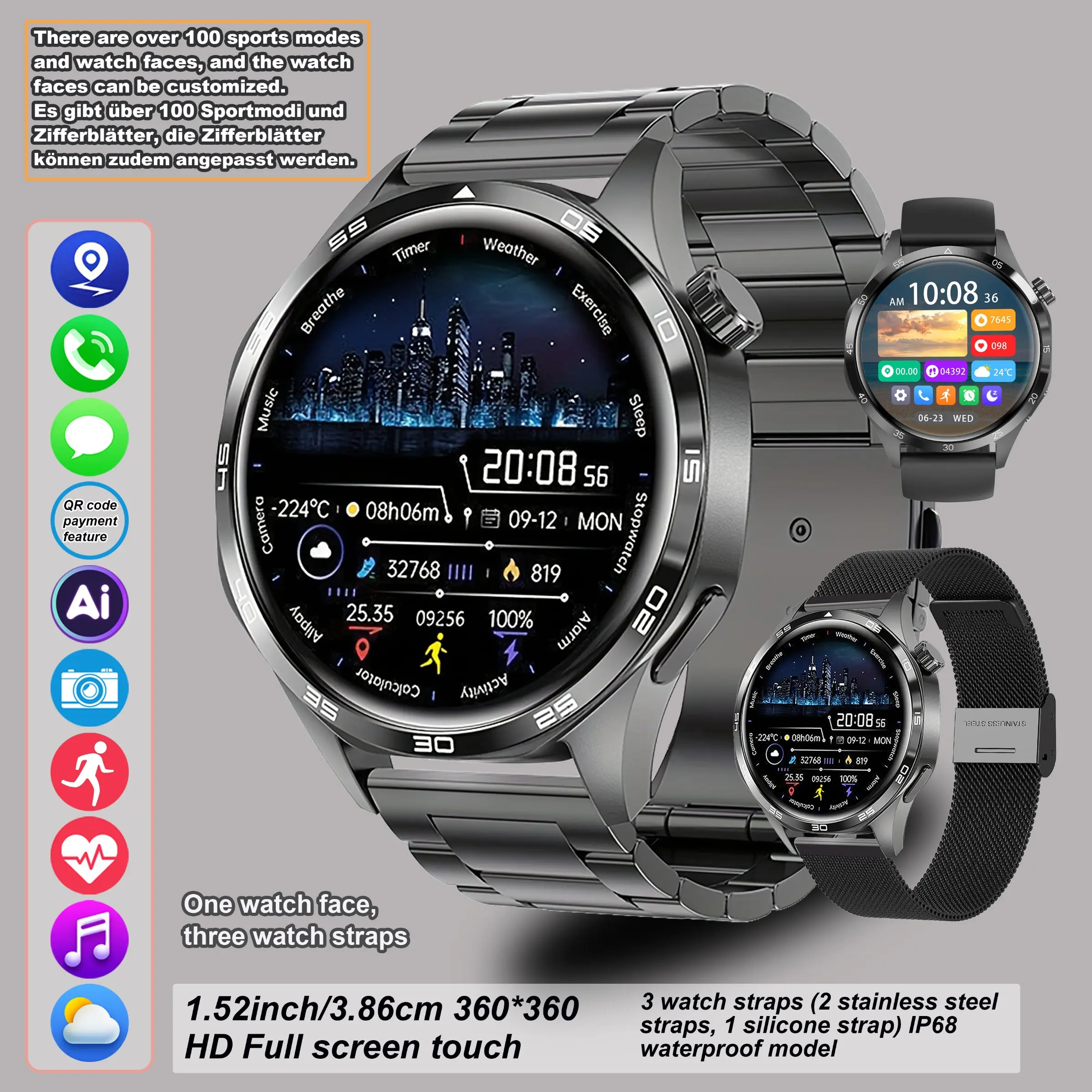 Men's and women's smartwatch, Health smartwatch, Sports tracking smartwatch, HD AMOLED touch screen, compatible with Android & iOS, AI voice assistant, Bluetooth call answering, heart rate monitoring, sports modes, Smartwatch for fitness