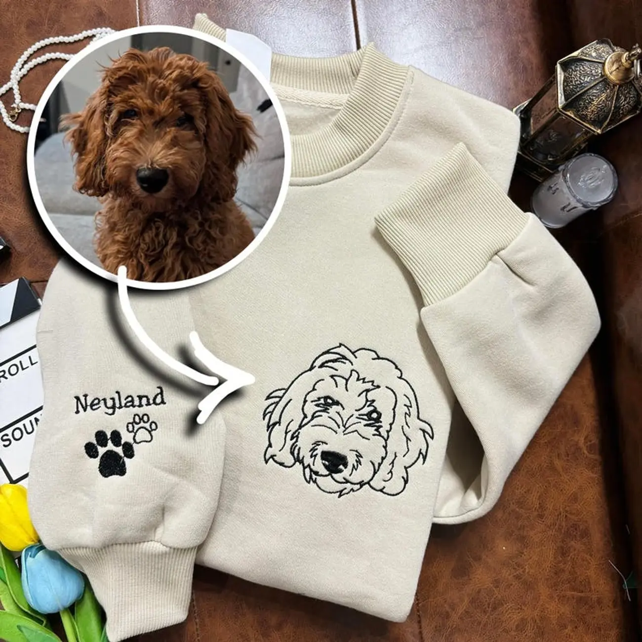 Pet Embroidered Sweatshirt, Embroidered Dog Sweatshirt, Custom Dog Face Embroidered Sweatshirt From Photo 5