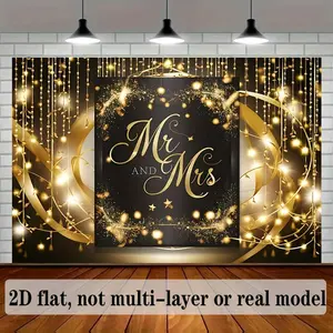 1PC,2D Flat Mr and Mrs Wedding Backdrop Black Gold Glitter Photography Background, Romantic Marriage Party Decor Photo Booth Backdrop, Ideal for Wedding Ceremony Reception Engagement Photo Studio Prop