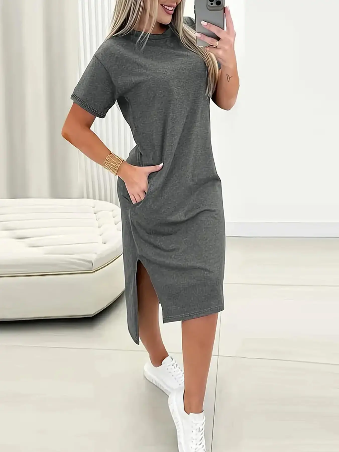 Women's Casual Boho Chic Plain Asymmetrical Round Neck Short Sleeve Side Slit Dress, Summer Fashion Long Dress, Ladies Clothing Minimalist, Casual Wear, Womenswear, Boho Summer Dresses