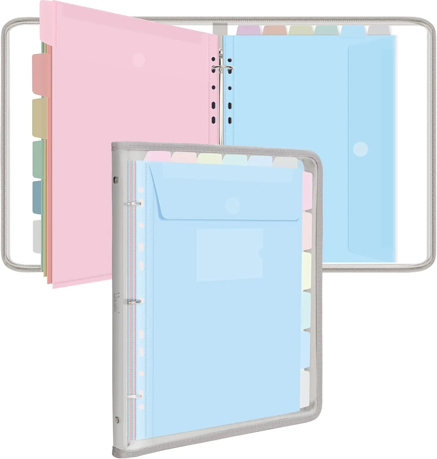 Document Organizer, Soft PVC Binder with 12 Colorful Pockets - Zipper Binder 3 Ring with Dividers Letter Size (11'' x 8.5'')-Large Capacity Cute Folder for School, Office & Home Use​ (Grey)
