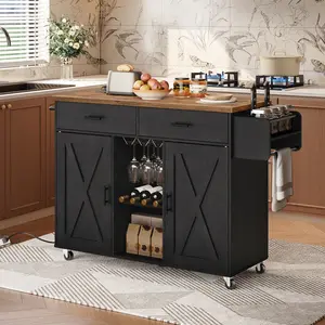 HOOBRO Kitchen Island with Storage, Rolling Kitchen Island Cart on Wheels, Kitchen Island Table with Charging Station, 2 Drawers, Storage Cabinet and Towel Rack, Black and Rustic Brown#springtok cupboard#SpringSale #BigSpringSale