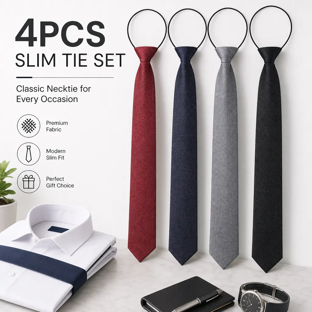 4 Pack Zipper Ties for Men – Adjustable Skinny Necktie, Zip on Tie for Quick Wear – No Tying Needed, Clip on Slim Tie for Office, Wedding, Daily