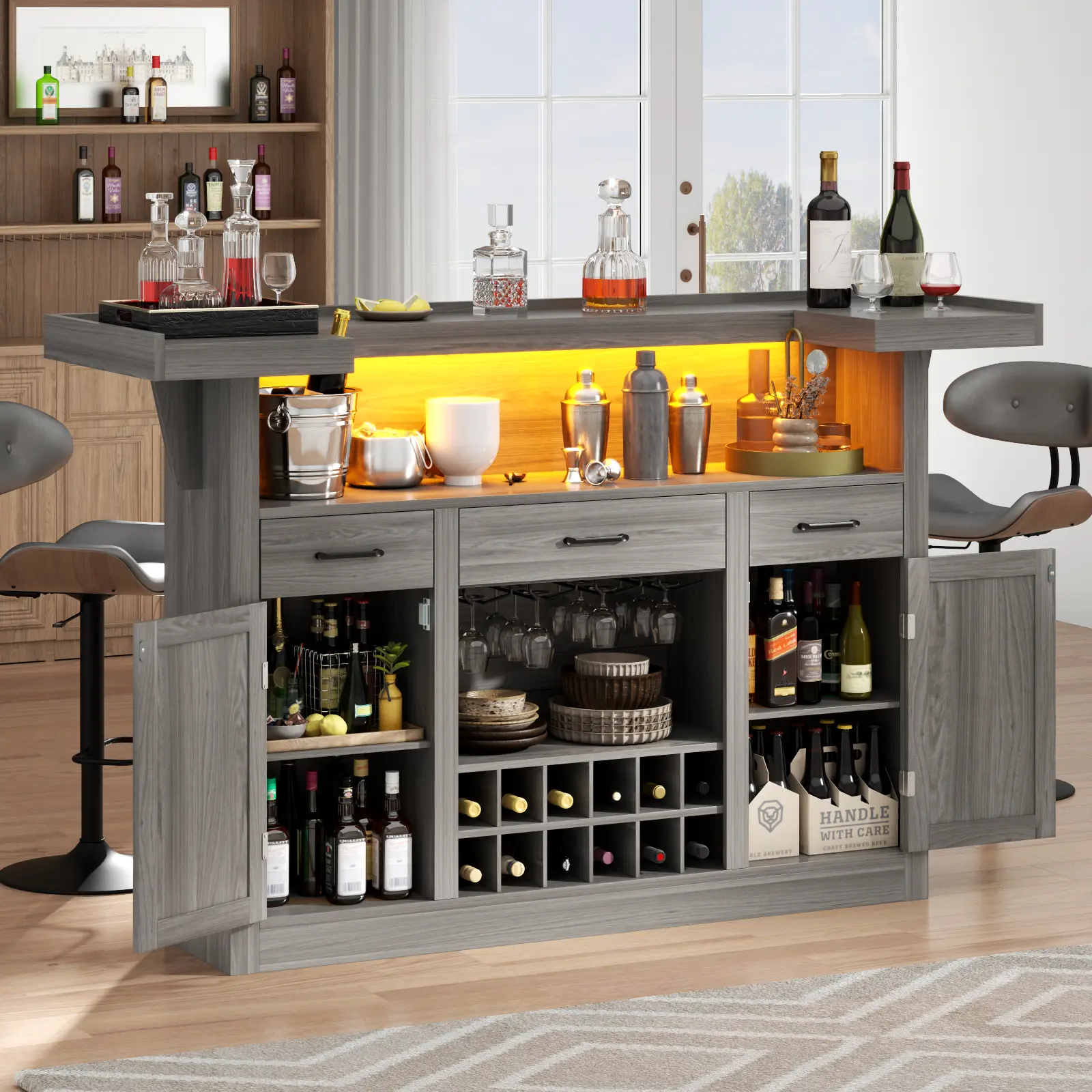 Gyfimoie Bar Table Cabinet with LED & 3 Drawers & Stemware Holders, Wine Alcohol Bar Stand with Door & Wine Rack,Crescent Shaped Counter for Home Pub Freestanding Kitchen Cupboard
