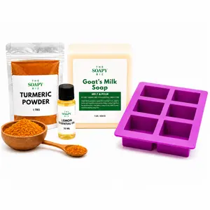 Turmeric Powder, Lemon Essential Oil & Goat’s Milk Melt & Pour Soap Making Kit – DIY Handmade Soap Kit for Beginners with Silicone Mold