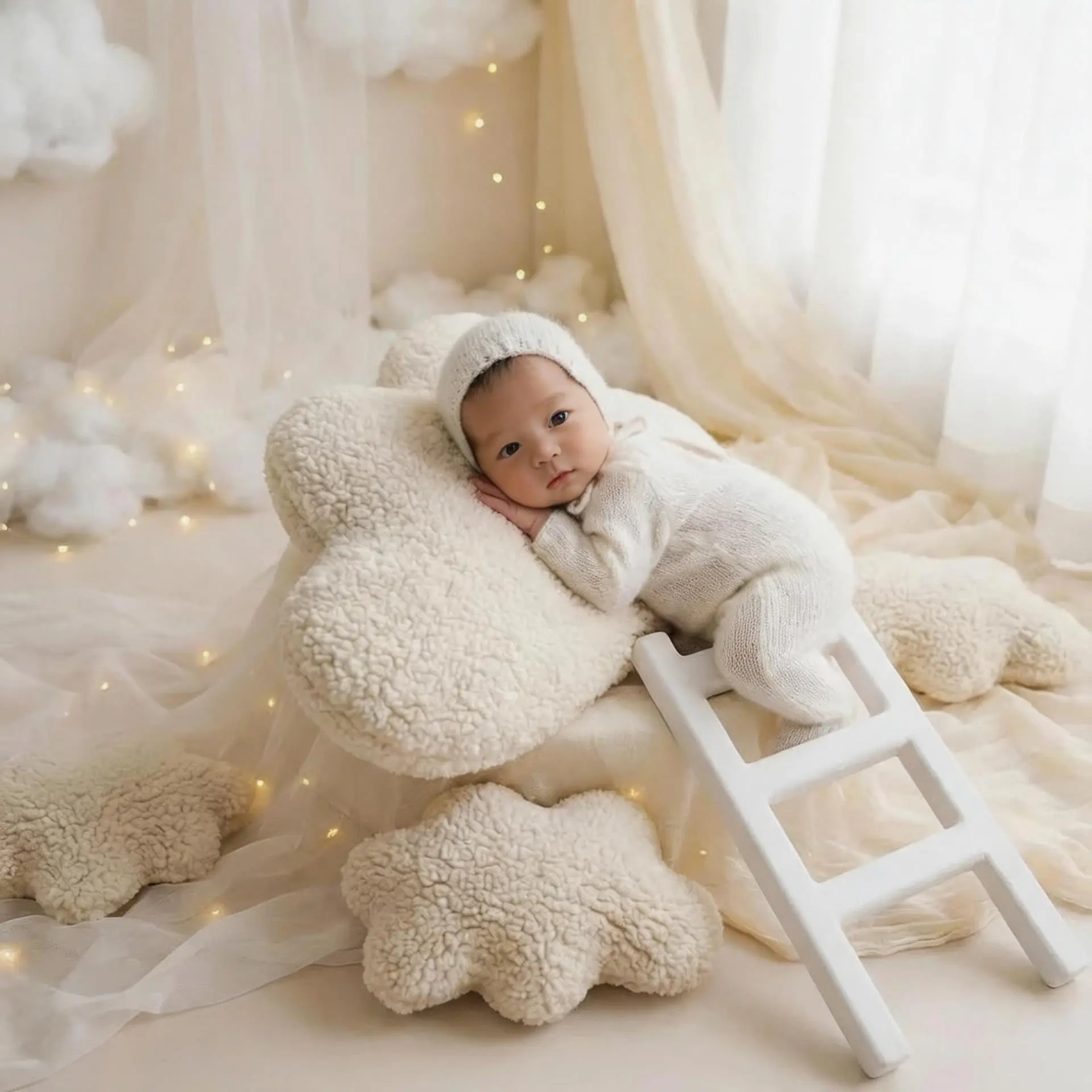 5-Piece Newborn Pose Props Set, Sky Theme Wooden Ladder Cloud Photography Props, Cute Baby Fashion Photo Accessories, Ideal for Newborn Photoshoots, Party Photo Prop