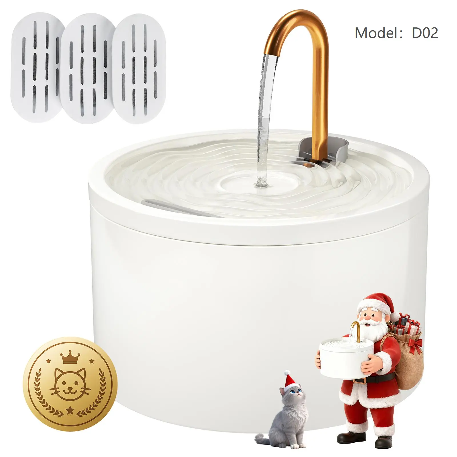 MISFANS D02 Ceramic Automatic Water Bowl - 2.1L Ultra-Quiet Wired Plug-in Pet Fountain for Cats & Dogs, 2 Tap & Fountain Modes, Filtered, Easy to Clean