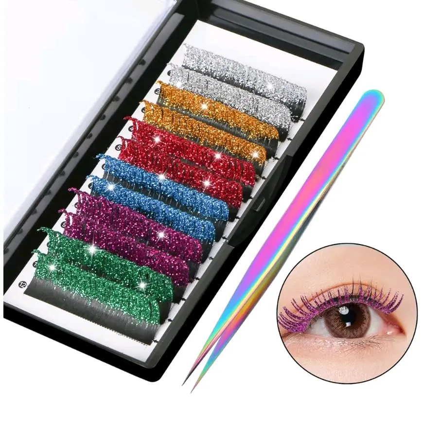 Colored Glitter Lash Extensions, UHOMENY 6 Color False Lashes for Eyelash Extensions D Curl Cosplay Eye Lashes Individual Lashes Self Fanning Eyelash Extension with Tweezers, 0.15D, Mix 15-20mm