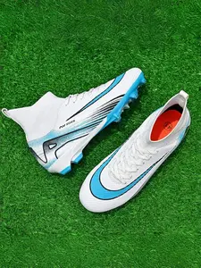 Unisex White-Light Blue-Black Versatile High-Top Firm Ground Soccer Shoes, Football Cleats, Football Field Boots: Sports Style, High-Top Structure, Streamline Texture Design. Ideal for Daily Soccer Sports