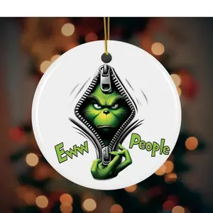 Grinchy Ceramic Ornament - Festive Season Accent - White - Circle, Star, Heart and Oval Shapes