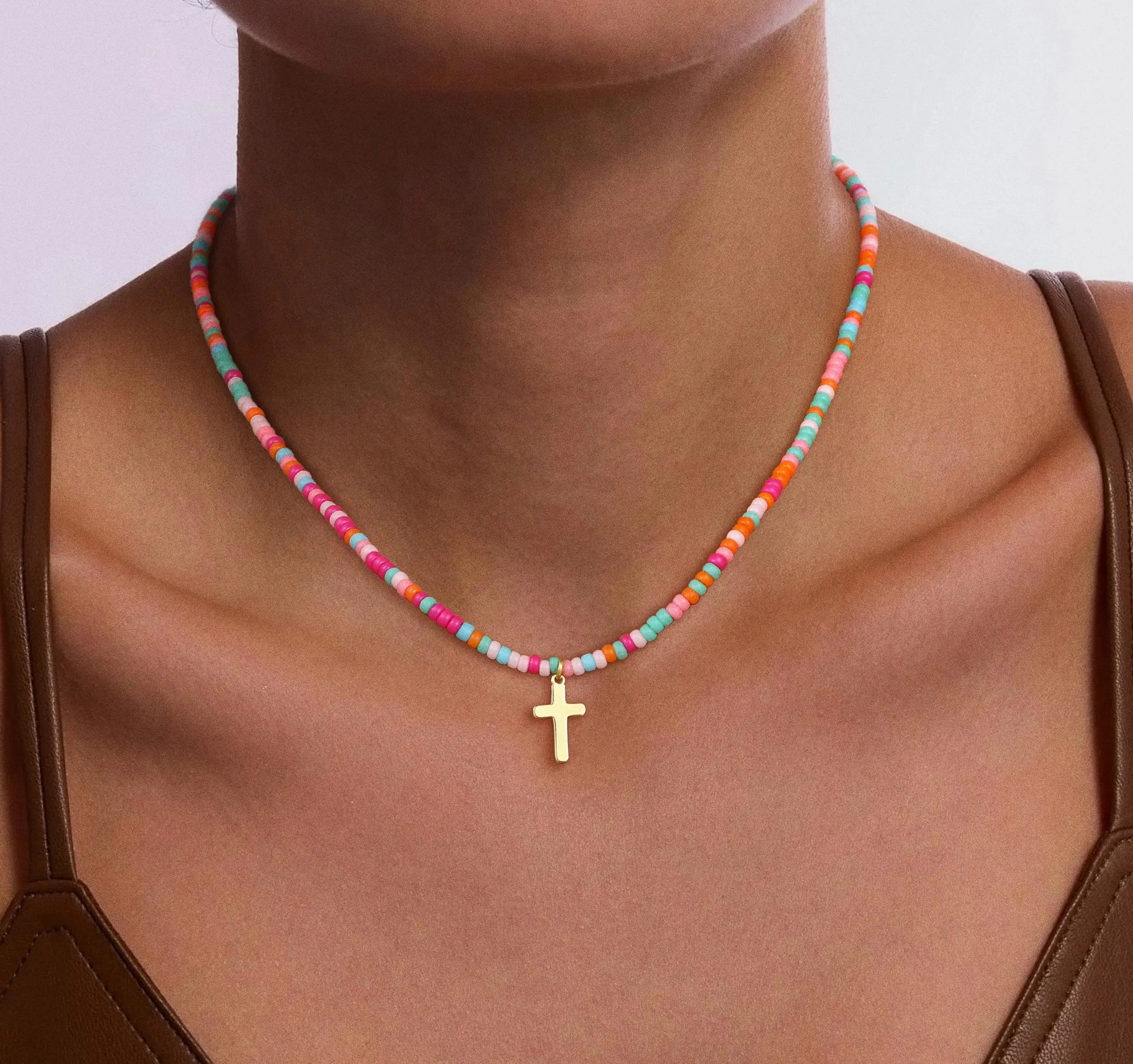 VENOCO Cross Necklace for Women 14K Gold Plated Cross Necklace Trendy Cross Pendant Necklace Cubic Zirconia Cross Box Chain Pearl Beads Link Choker Minimalist Daily Jewelry Gift for Women