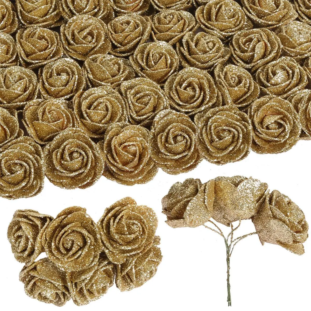 60pcs Mini Gold Glitter Foam Rose, 1.77 inch Artificial Rose Flowers Bulk with Stem Foam Roses for Flower Decorative Ornaments Bouquet Wedding