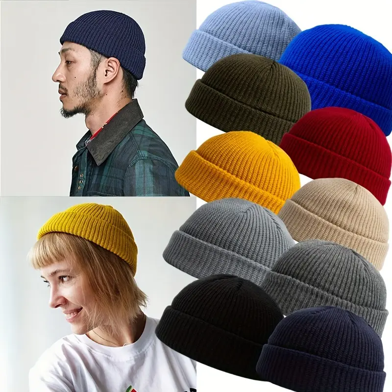 Unisex 4-Pack Mini Knit Beanie Hats - 100% Solid Knit Fabric, Short Ribbed Skull Cap Shape, Lightweight Warm Winter Casual Fisherman Headwear, Short Ribbed Cap, Casual Wear, Cute Beanie Hat, Fashionable Hats, Knitted Hat