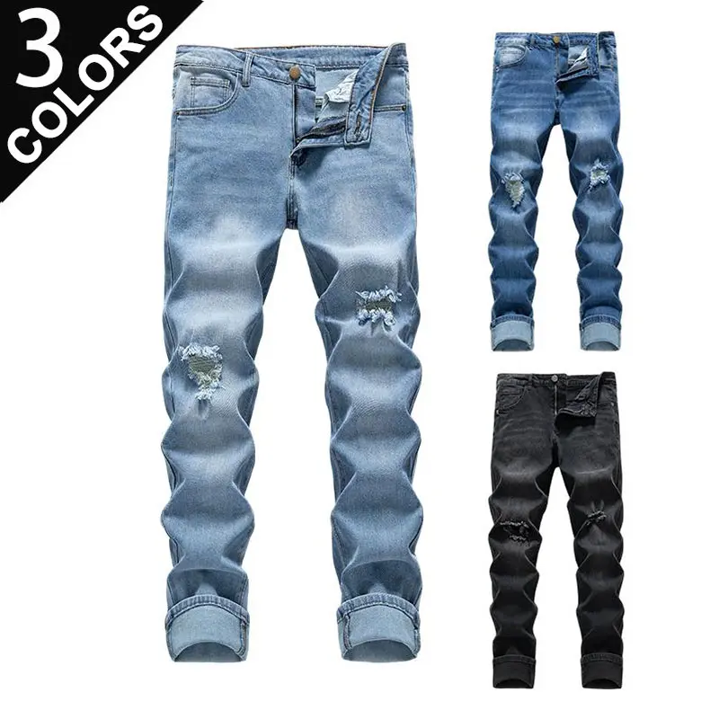 Clean Gent men’s slim-fit stretch jeans, ripped skinny straight-leg jeans, stylish casual design, denim fabric, cotton material, classic street style
