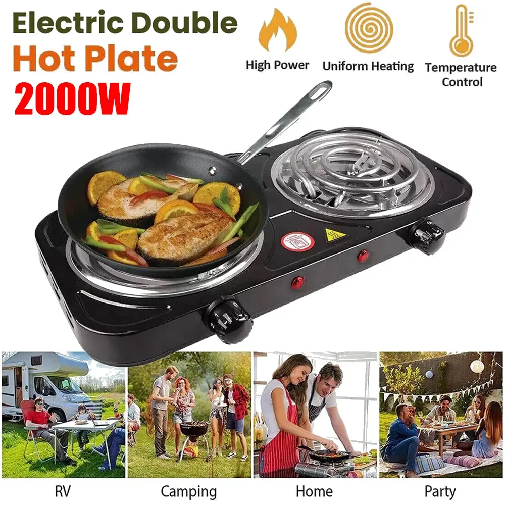 New 2000W Power Corded Stainless Steel Home Electric Countertop Cooktop - Compact Portable Double Coiled Burner with Adjustable Temperature Controls, Black, for Camping, Overheat Safe