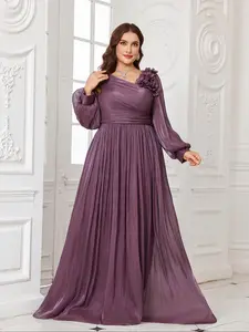 Elegant Plus Size V Neck Lantern Sleeve Fitted Dress, Solid Color with 3D Flower Decoration, Perfect Formal Evening Gown for Special Occasions