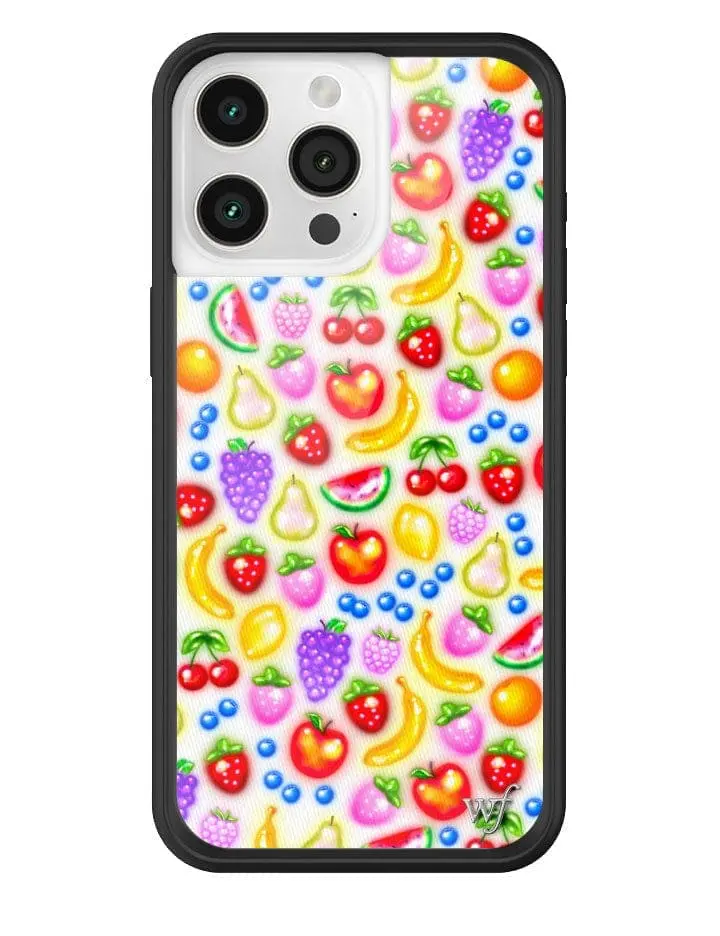 Tutti Fruity | Limited Edition Trendy iPhone Case | Raised Protective Black Bumper | Women Owned Small Business | White Background Vibrant Shiny Fruitty Design Bananas Red Cherries and Strawberries | Safety Casing Protective | Gift for Her