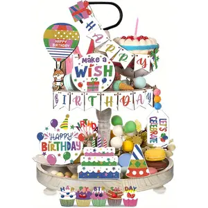 Birthday Cake Design Tiered Tray Decoration, 24pcs/set Colorful Birthday Party Decoration, Wooden Happy Birthday Desktop Decoration, Birthday Party Supplies, Ornaments