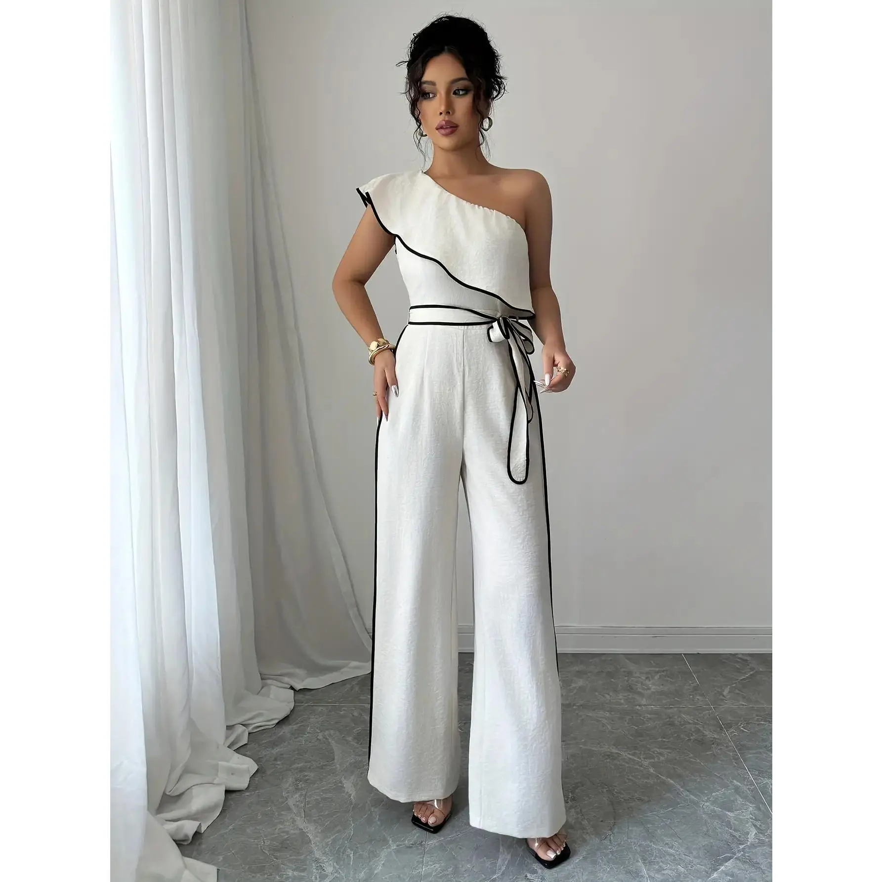 Women's 1-Shoulder Asymmetric Ruffle Overalls - 100% Polyester Sleeveless Color Block Wide Leg Bodycon Stylish Women's Wear for Formal Evenings