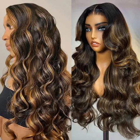 OQ Hair Highlight Balayage Color Body Wave Wig 200% Density Middle Part Wear Go T Part Lace Pre Plucked Human Hair Wigs With Smart Clips #Sohochic