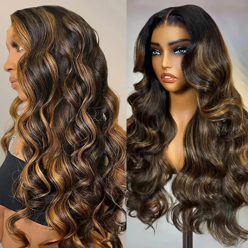 OQ Hair Highlight Balayage Color Body Wave Wig 200% Density Middle Part Wear Go T Part Lace Pre Plucked Human Hair Wigs With Smart Clips #Sohochic