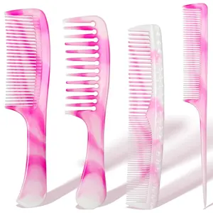 4 Pcs Unisex Hair Comb Set - Rat Tail, Wide & Fine Tooth and Dual-Sided Combs for Daily Detangling, Pink