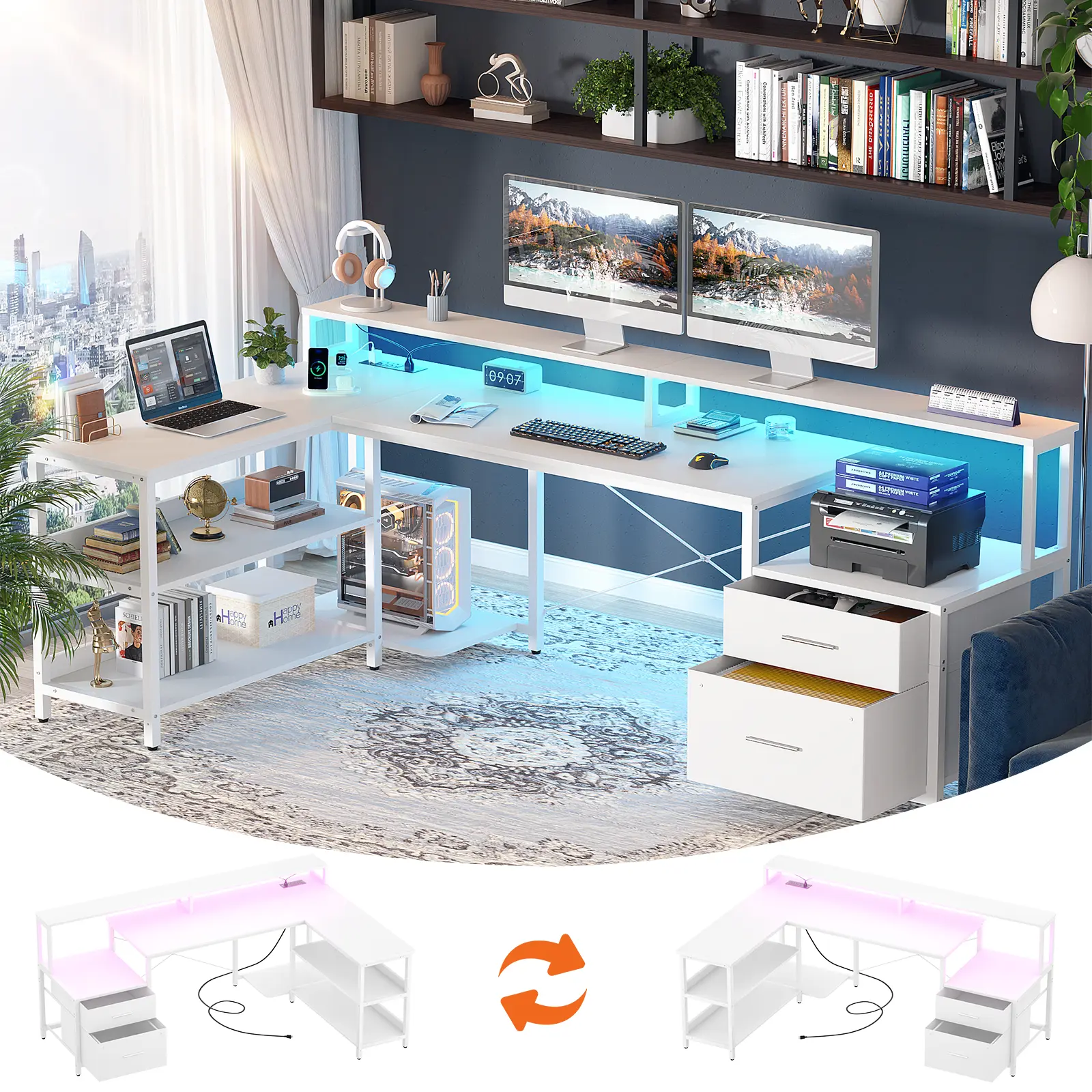 Aheaplus L Shaped Desk with Power Outlet, 67" Reversible L Shaped Computer Desk with File Drawer & Long Monitor Stand, Home Office Desk with Storage Shelf, Gaming Desk with LED Strip, Corner Desk, White