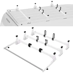 fathersdaygift  VEVOR Trailer Ladder Rack, 54 3 Crossbars Ladder Roof Rack, Heavy-duty Steel Van Roof Rack, 800 lbs Capacity Van Ladder Rack with Cargo Roller and Straps, Fit for Ford Transit 150 250 350, 2015-2022