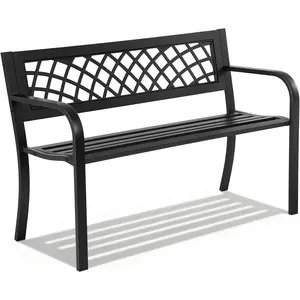 Steel Frame Patio Bench with Mesh Pattern and Plastic Backrest Armrests for Lawn Yard Porch Work
