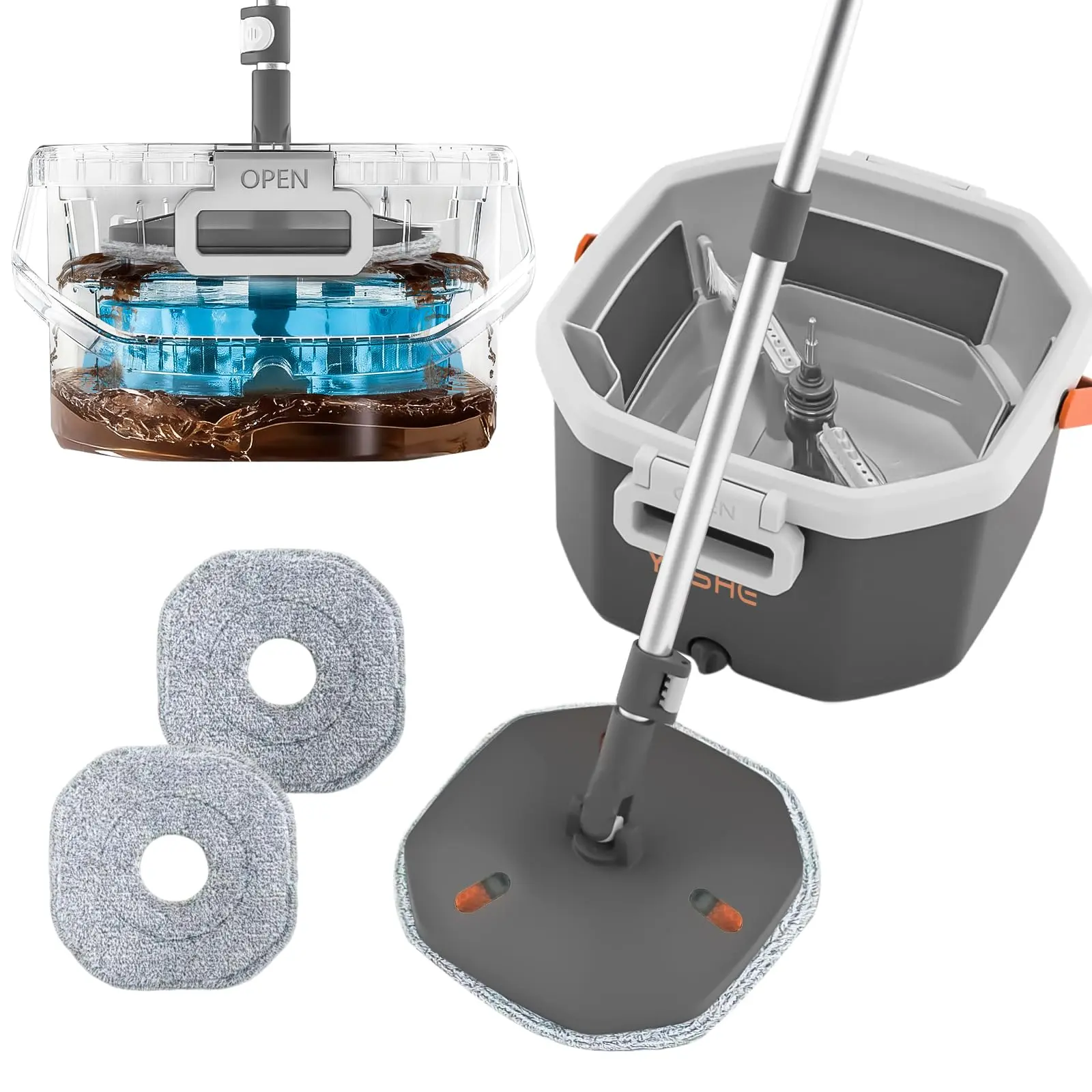 Spin Mop Bucket System with Removable Inner Bucket, Clean & Dirty Water Separation, Hands-Free Spin Wringing Mop, 360° Rotating Mop Head, Includes 2 Washable Microfiber Mop Heads for Floor Cleaning