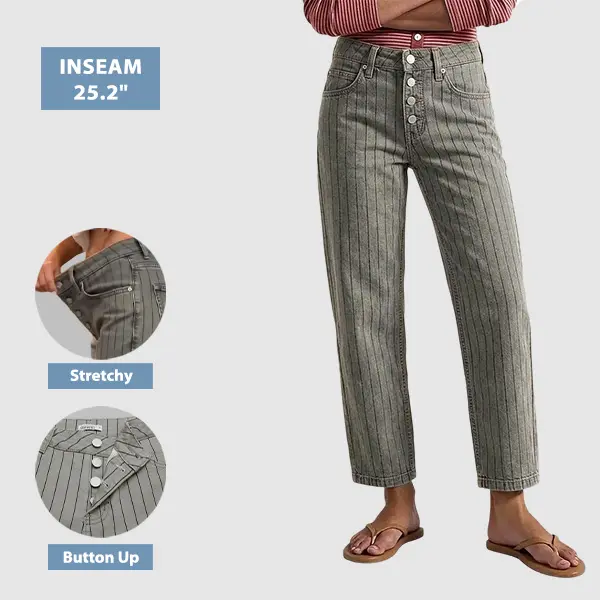 Flamingals Pinstriped Button Up Mid Waist Straight Leg Cropped Pants Stretchy 25.2'' Inseam
