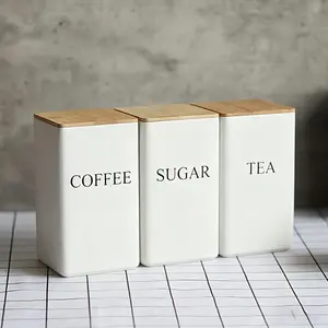 3pcs Tea Coffee Sugar Storage Box Set, Spice Jar, Metal High Capacity Container with Bamboo Lid, Kitchen Organizer for Herbs Spices Candies, Seasoning Jars Containers