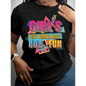 A Fun Graphic T-Shirt from The 80S, Featuring Short Sleeves And a Casual Round Neck, Perfect for Women'S Spring And Summer Wear