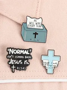 3 Piece Set Christian Faith Jesus Enamel Pin Religious Cross Pins Bible Verse He Will Wipe Every Tear Behold I Make All Things New Alloy Brooches Lapel Backpack Badge Fashion Jewelry Accessories, Gift Idea, Gifts for Friends