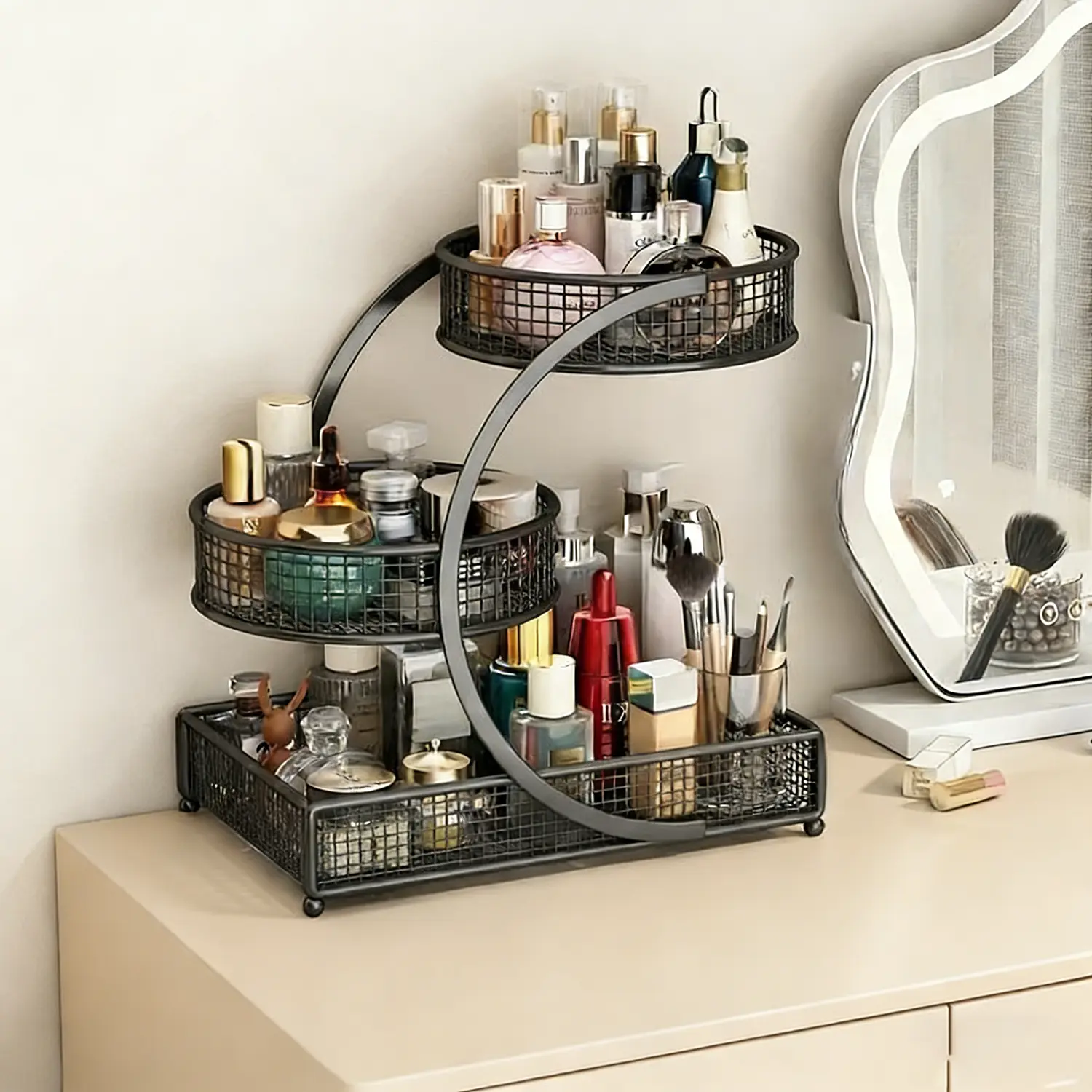 Classic 3-Tier Round Metal Storage Rack - No Assembly Required, Polished Finish, Tool-Free Home Organizer Storage for Makeup Organization, Lipstick Holders, Bathroom Countertops, Home Décor